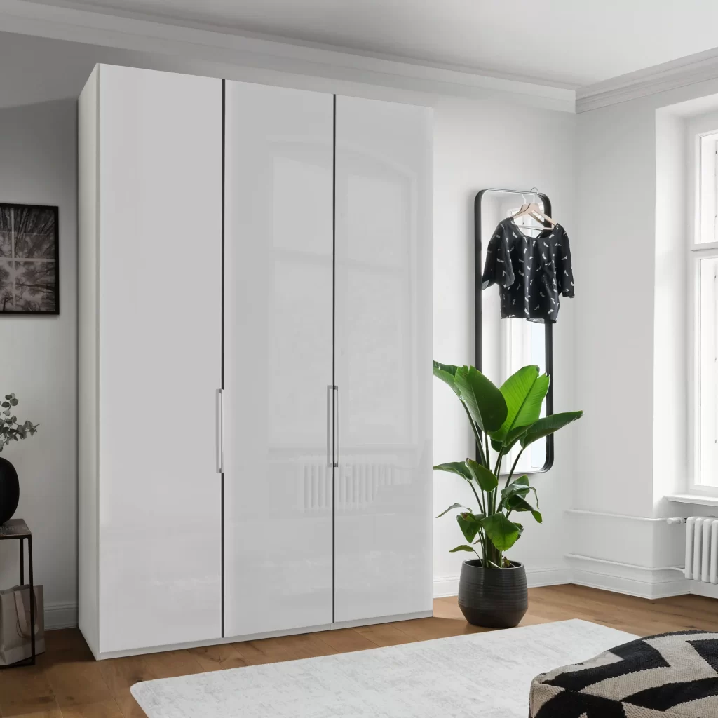 Armario moderno de 2 puertas plegables y 1 batiente de cristal en blanco, armazón blanco