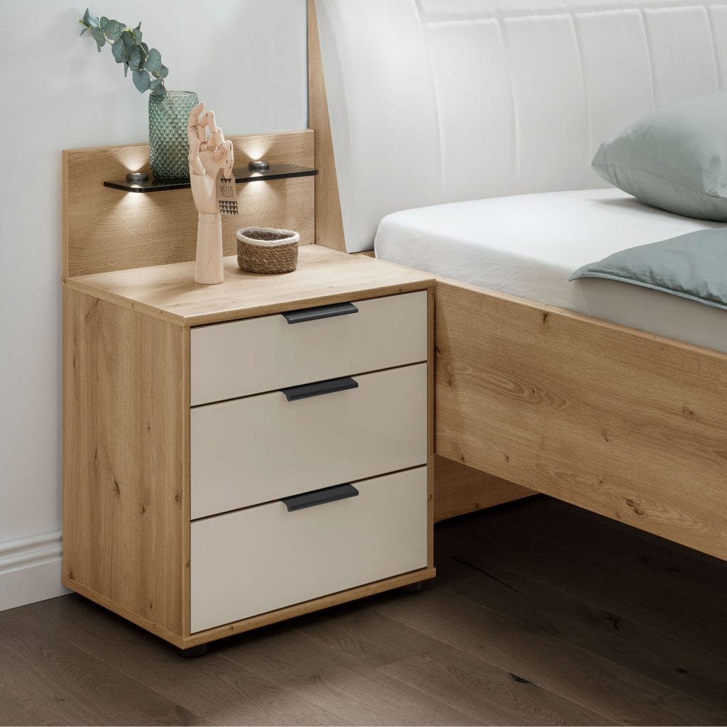 mesilla Bremen cristal blanco armazón roble en dormitorio