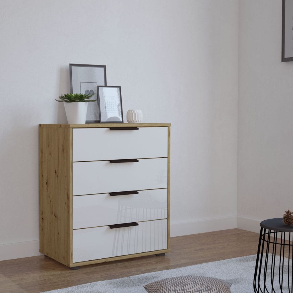 Espacio aparador 4 cajones cristal blanco y roble