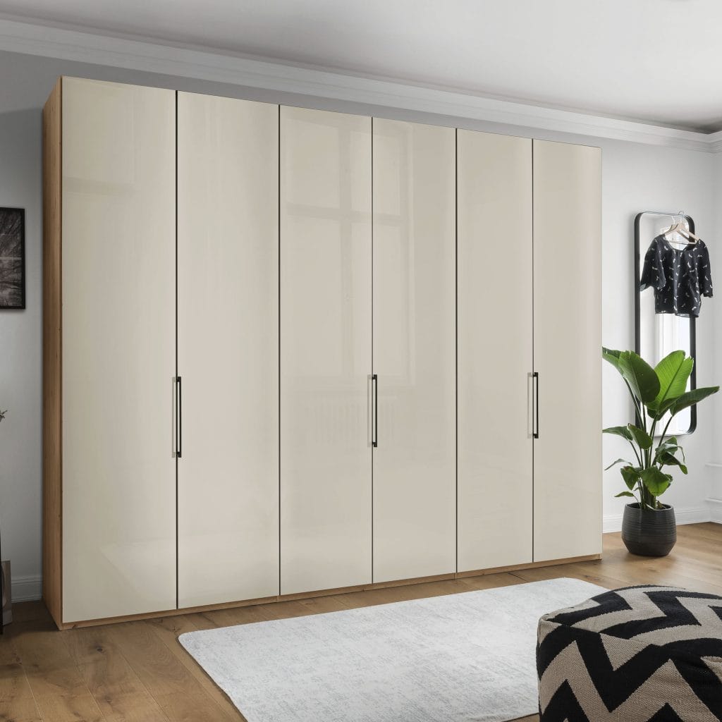 armario de 6 puertas plegables en acabado cristal champán y armazón roble de 300 cm